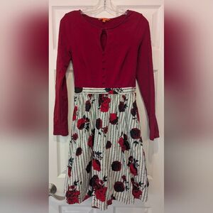 MODCLOTH Floral Rose Red Flare Long Sleeve Keyhole Dress Size S Boho Midi Costal